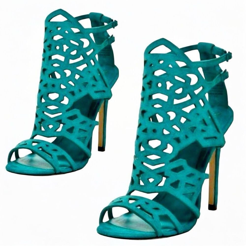 Brian Atwood Turquoise Laser-Cut Suede Stiletto Heels – Pure Elegance & Luxury - Picture 11 of 17